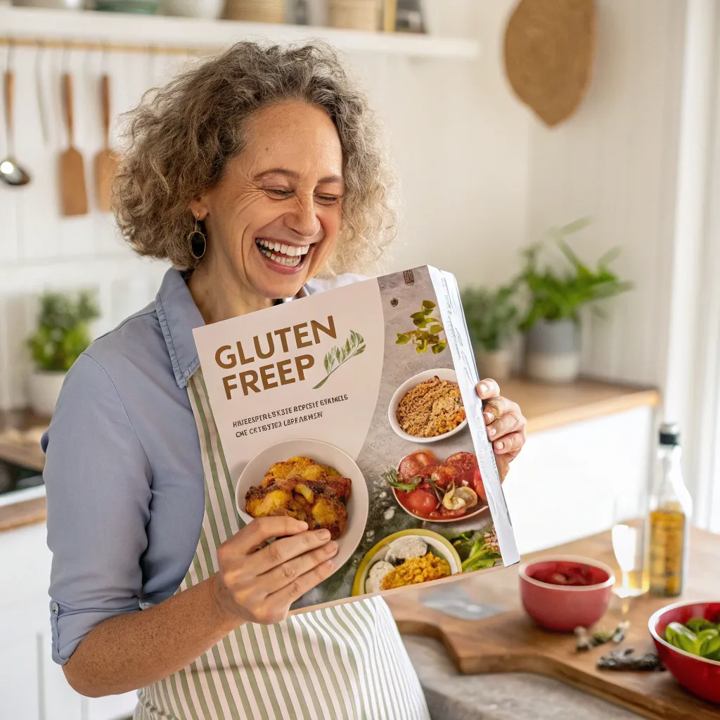 Happy participant with a gluten-free recipe book